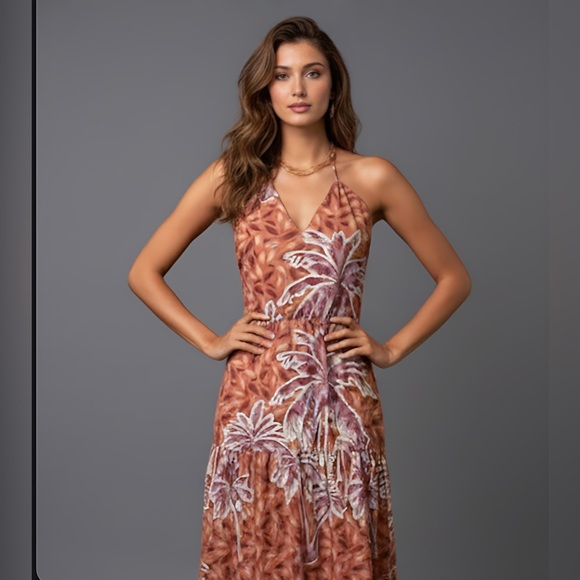 Tropical Print Ruffle Hem Tie Back Halter Dress - Picture 1 of 10